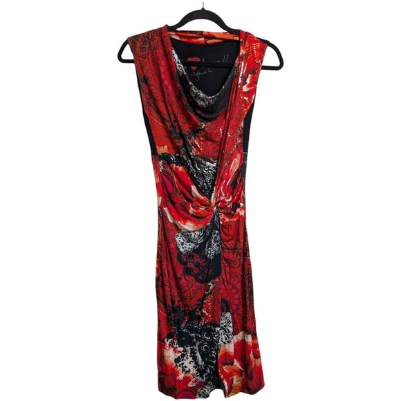 Desigual Red Draped Knot Abstract Print Sleeveless Midi Dress Size M - Picture 1 of 10